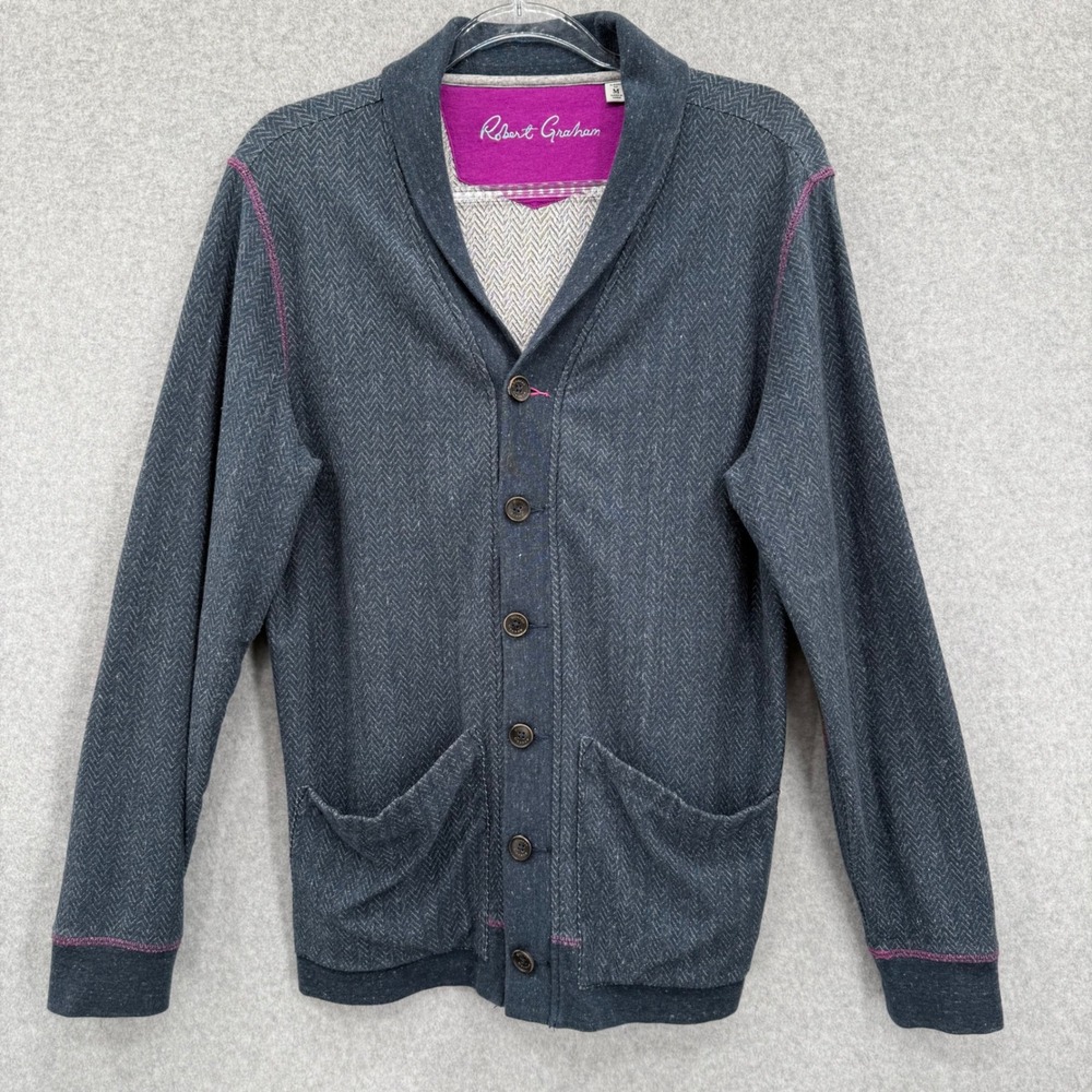 Robert Graham Shawl Collar Cardigan Jacket Blue Herringbone Elbow Patches
Medium